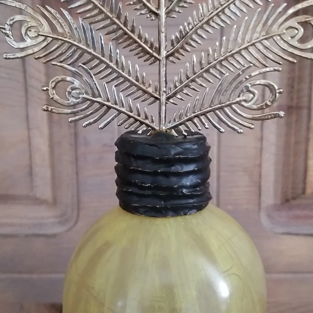 Pottery Barn painted bottle with plume finial